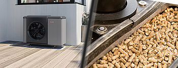 Wärmepumpe oder Pelletheizung: Welche Wahl ist die bessere? Wärmepumpe oder Pelletheizung: WOLF CHA Monoblock-Wärmepumpe auf Terrasse im Vergleich mit Pellets