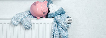 Heizkurve einstellen lassen und bares Geld sparen Heizkurve einstellen: Sparschwein und Schal auf Heizkörper