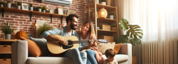 Immer saubere Luft atmen – dank der Lüftungsanlage in der Wohnung Lueftungsanlage Wohnung: Junge Familie sitzt glücklich in einem warmen Raum, im Hintergrund läuft eine Lüftungsanlage.