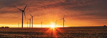 Energiemanagement: Windradpark bei Sonnenuntergang