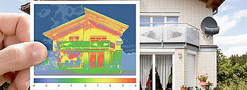 Thermografie Haus: Wärmebildkamera mit Haus im Hintergrund