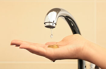 Wasserverbrauch im 2-Personen-Haushalt: Tipps zur Kostensenkung Wasserverbrauch 2 Personen: Wasser tropft aus dem Wasserhahn auf eine Handinnenfläche, in der Münzen liegen.