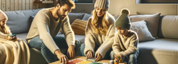 Energie sparen Tipps: Familie mit Kind sitzt in einem waremn und beleuchteten Wohnzimmer auf der Couch, sie denken über Energiesparen nach.