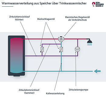 Warmwasserverteilung aus dem Speicher über den Trinkwassermischer Grafik