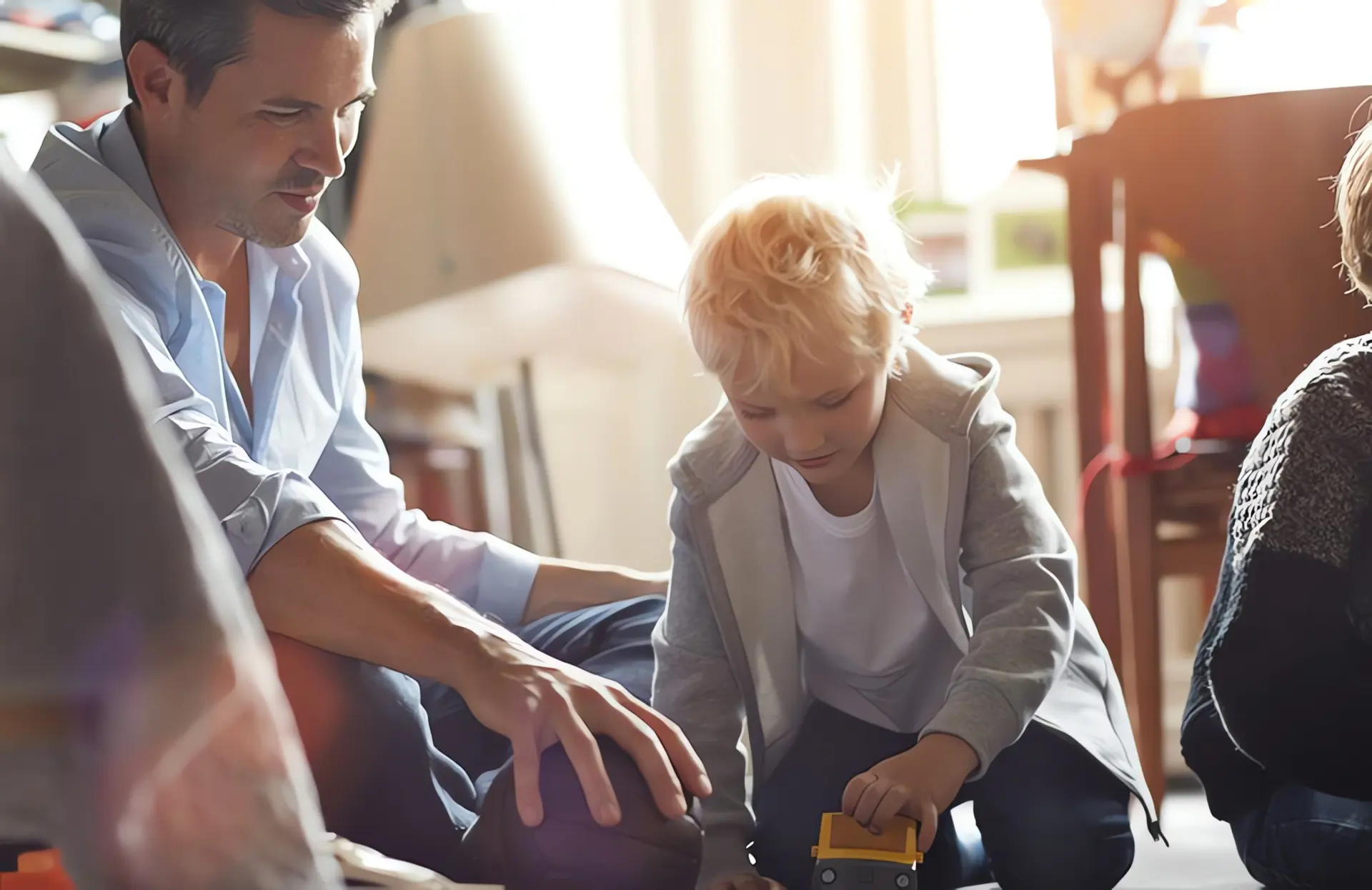 Heizthermostat auf passende Temperatur einstellen: Vater spielt mit Sohn