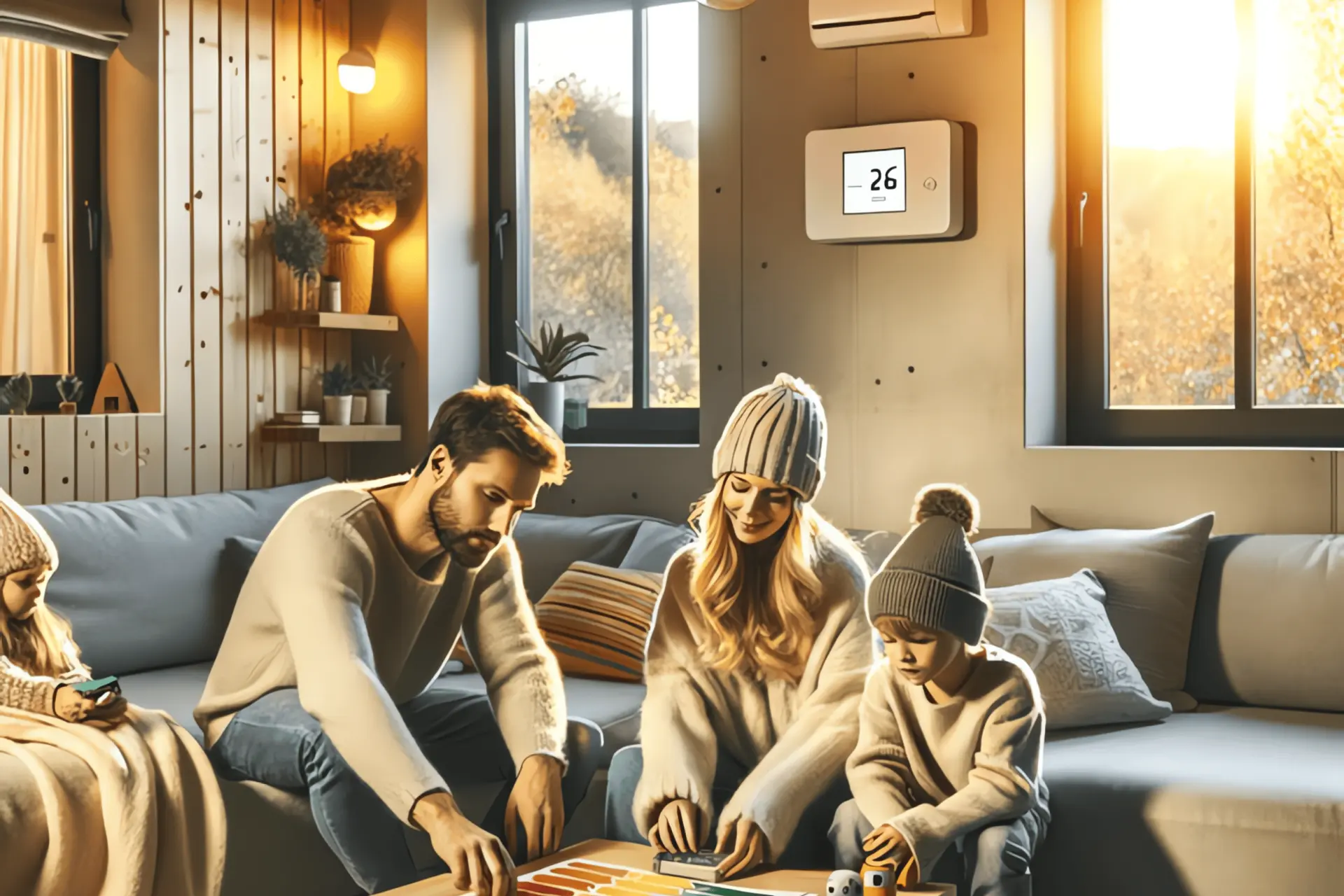 Energie sparen Tipps: Familie mit Kind sitzt in einem waremn und beleuchteten Wohnzimmer auf der Couch, sie denken über Energiesparen nach.