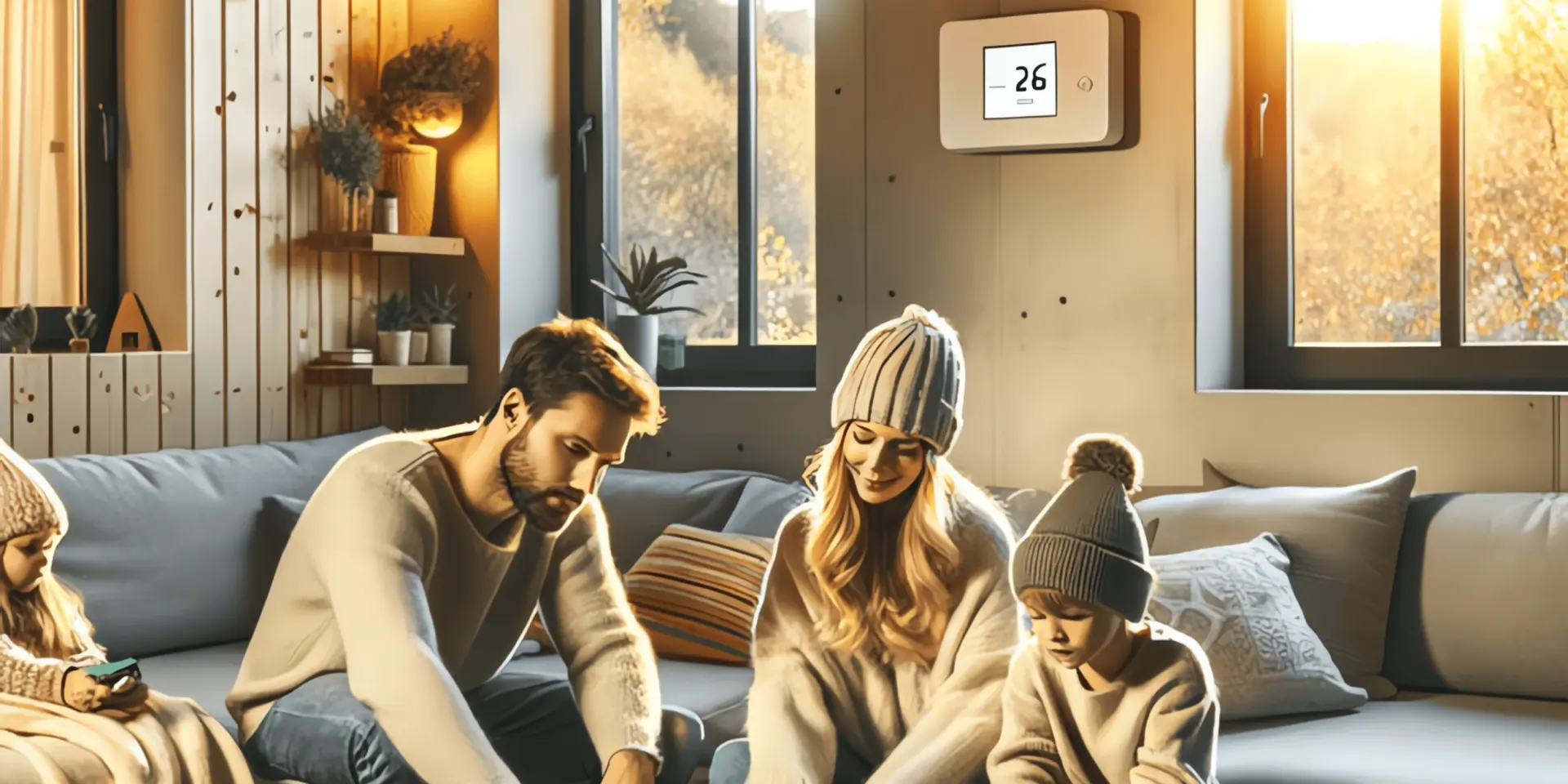 Energie sparen Tipps: Familie mit Kind sitzt in einem waremn und beleuchteten Wohnzimmer auf der Couch, sie denken über Energiesparen nach.