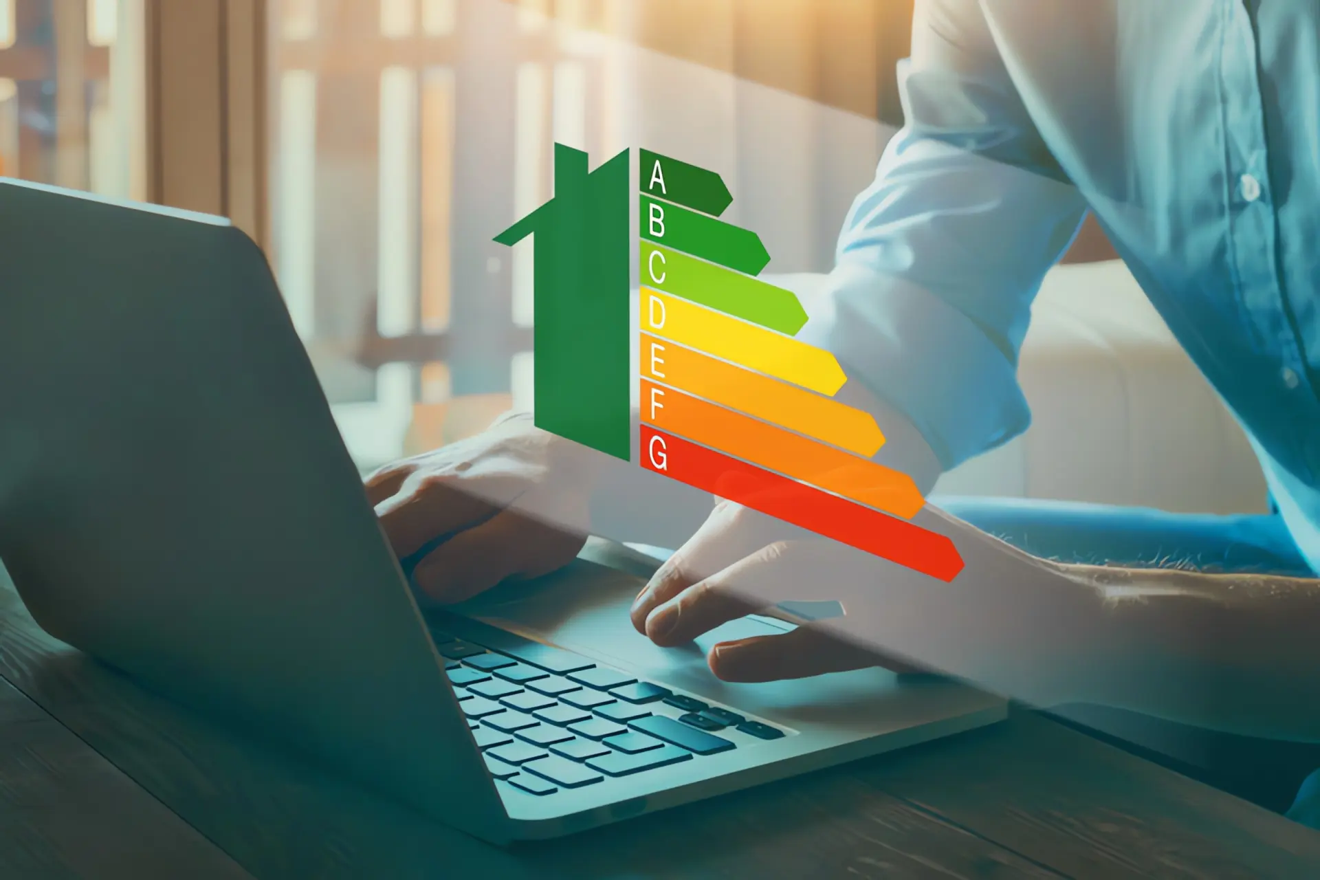 Welche Heizung für Altbau: Man tippt an Laptop, darüber wird eine Grafik zur Energieeffizienz von Gebäuden angezeigt.