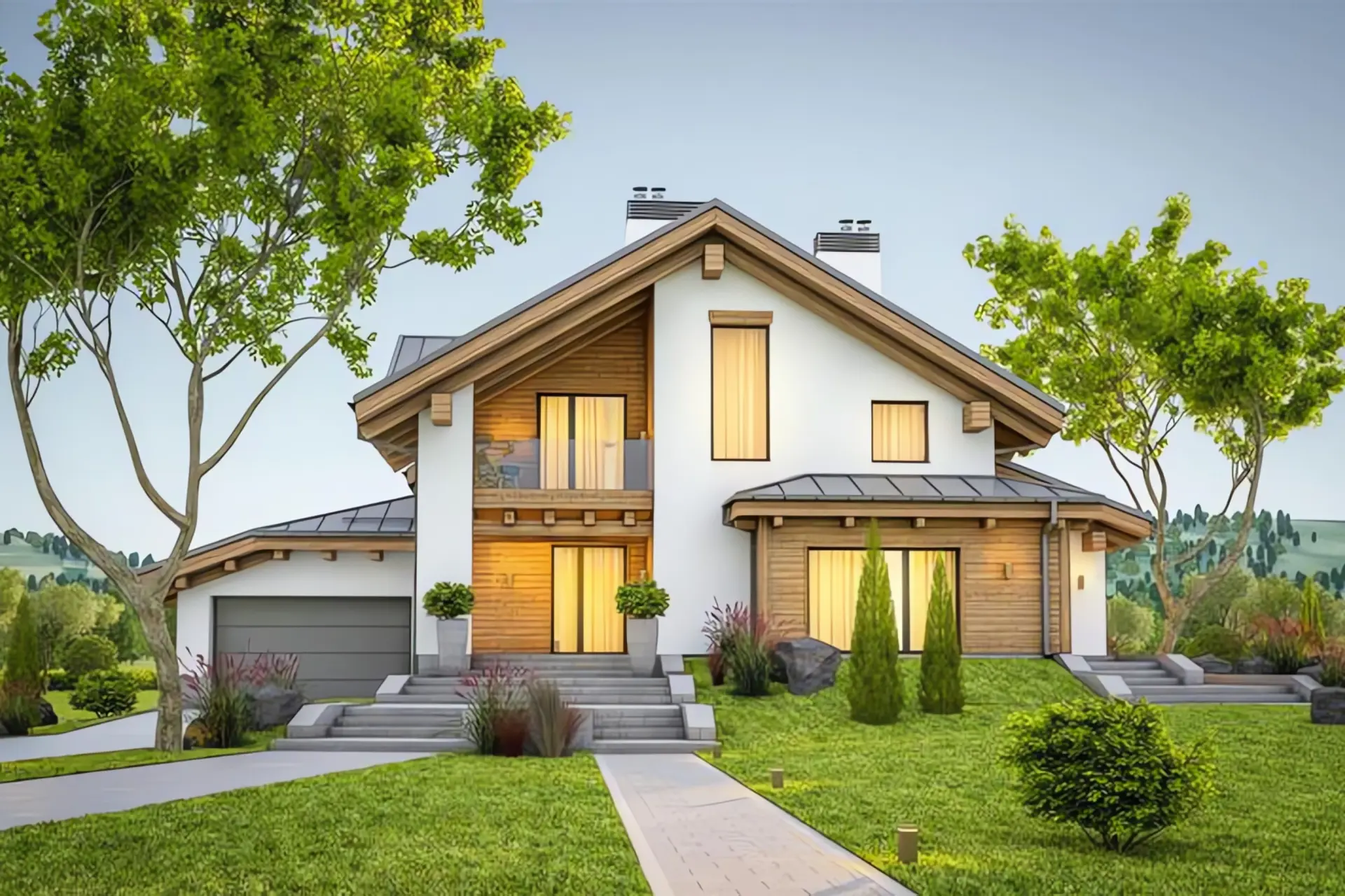 Auslegung Wärmepumpe: modernes Einfamilienhaus mit Garten