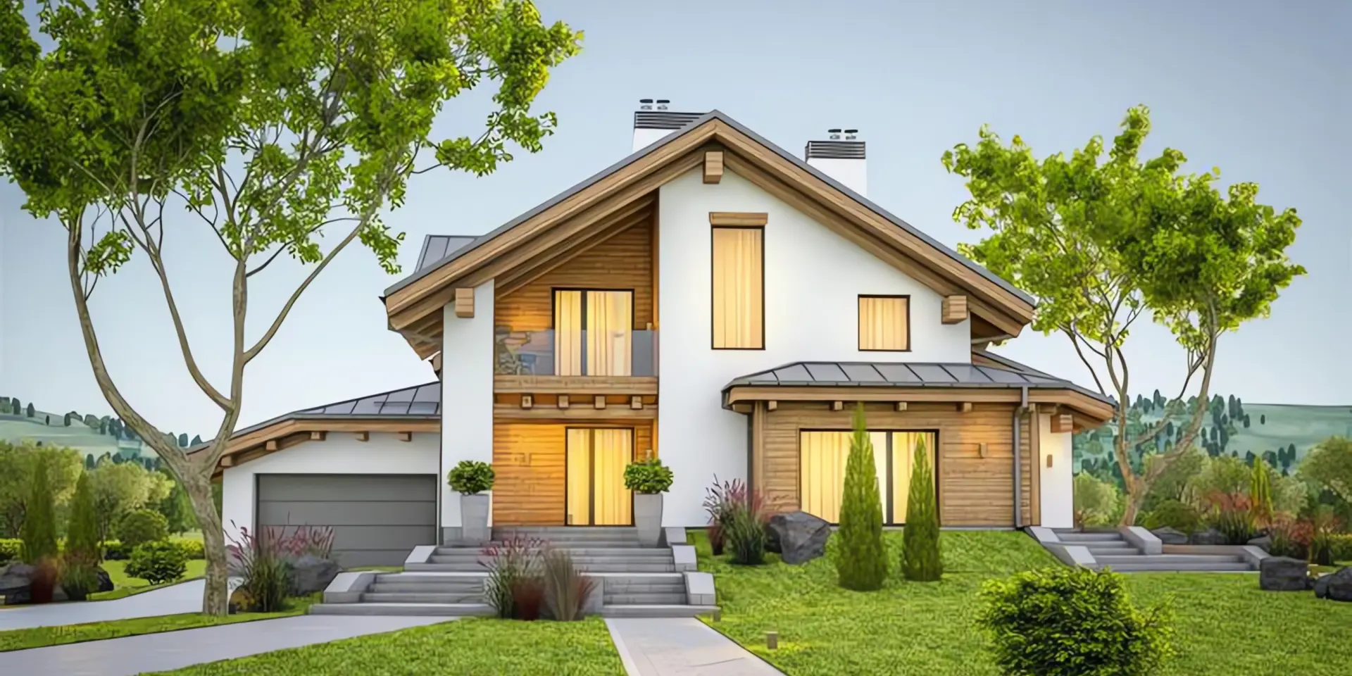 Auslegung Wärmepumpe: modernes Einfamilienhaus mit Garten