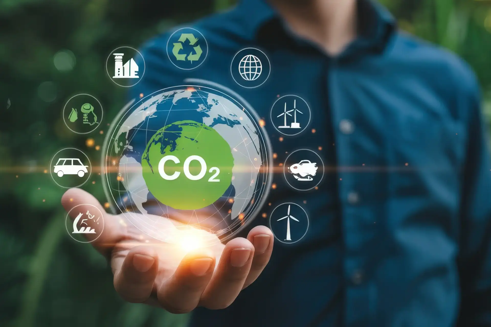 Animierte Weltkugel in der Hand einer Person, die symbolisch die Auswirkungen von CO₂ zeigt