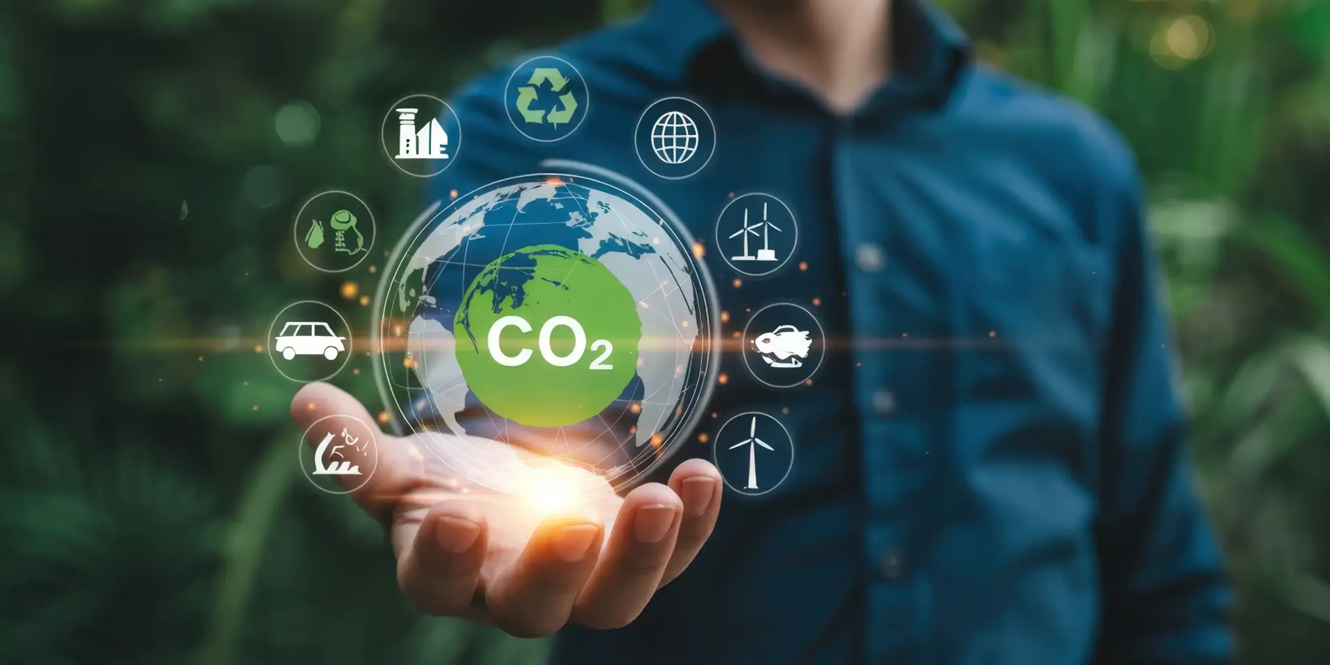 Animierte Weltkugel in der Hand einer Person, die symbolisch die Auswirkungen von CO₂ zeigt