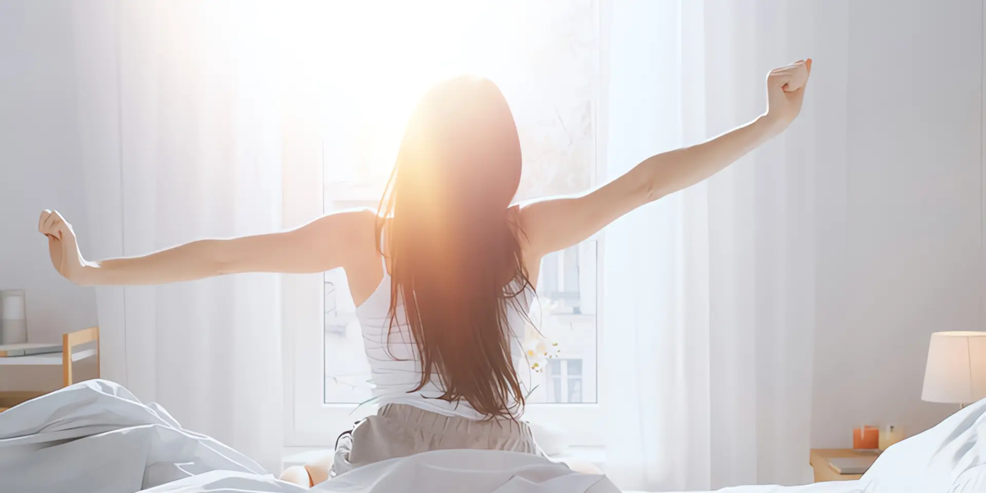 CO2-neutral heizen: Frau streckt sich sitzend auf Bett in Sonnenschein