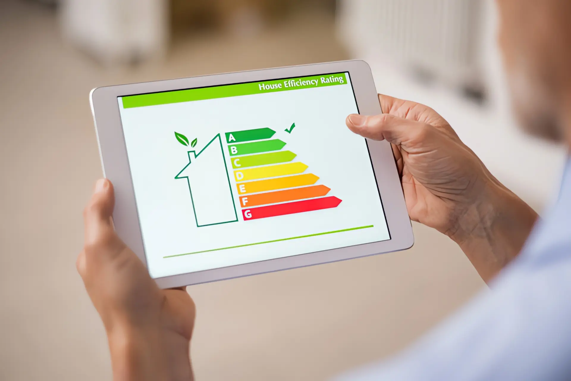 Energie-Spar-Challenge: Mann hält Tablet in Hand mit Energielabel-Anzeige