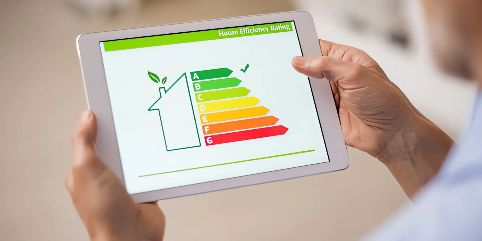 Energie-Spar-Challenge: Mann hält Tablet in Hand mit Energielabel-Anzeige