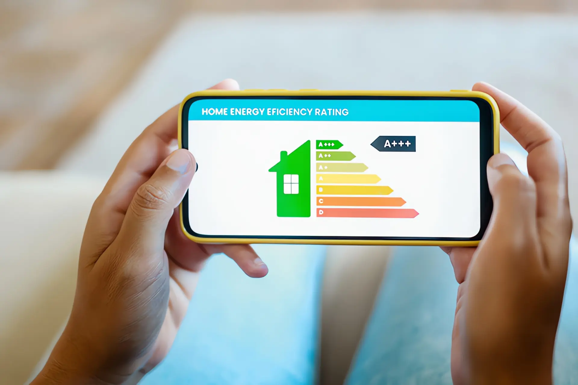 COP der Wärmepumpe: Hände halten Smartphone mit Energieeffizienz Grafik