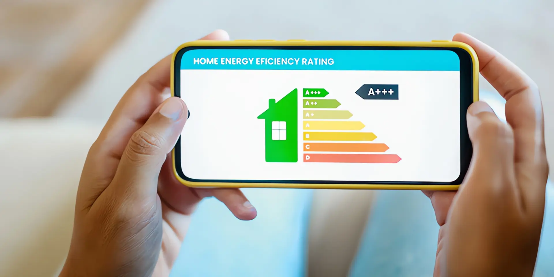 COP der Wärmepumpe: Hände halten Smartphone mit Energieeffizienz Grafik