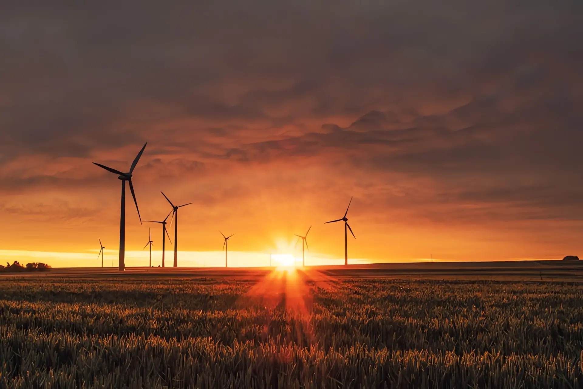 Energiemanagement: Windradpark bei Sonnenuntergang