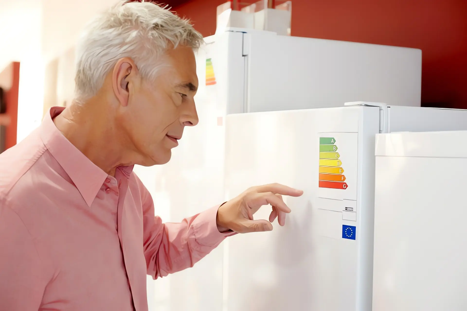 ErP-Richtlinie: Mann liest Energielabel auf Elektrogerät