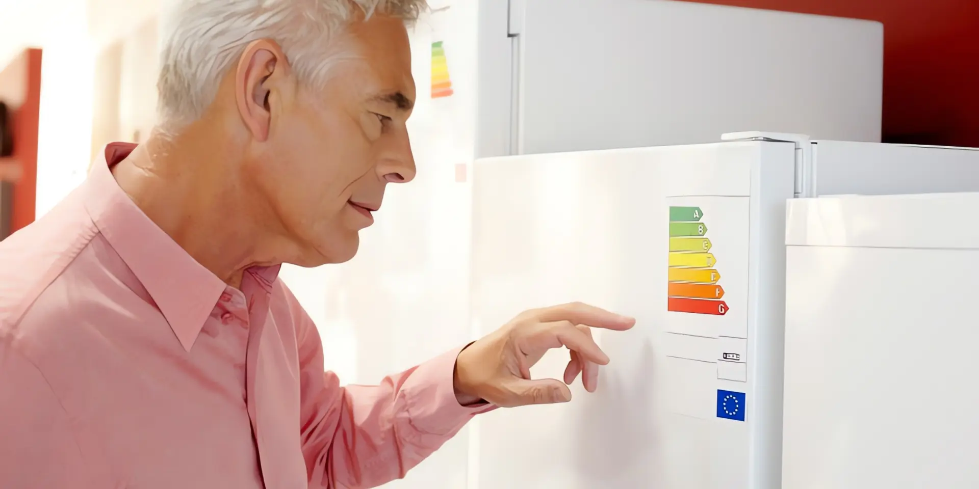 ErP-Richtlinie: Mann liest Energielabel auf Elektrogerät