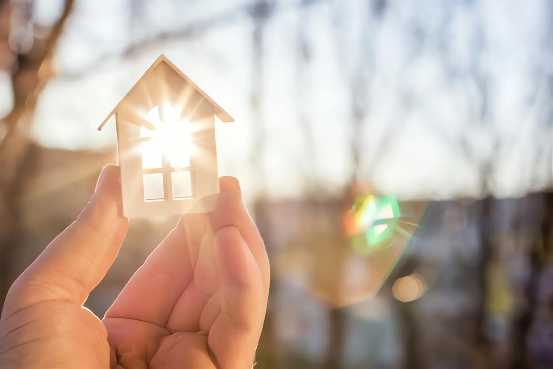 Flachkollektor: Hand hält kleines Holzhaus in die Sonne