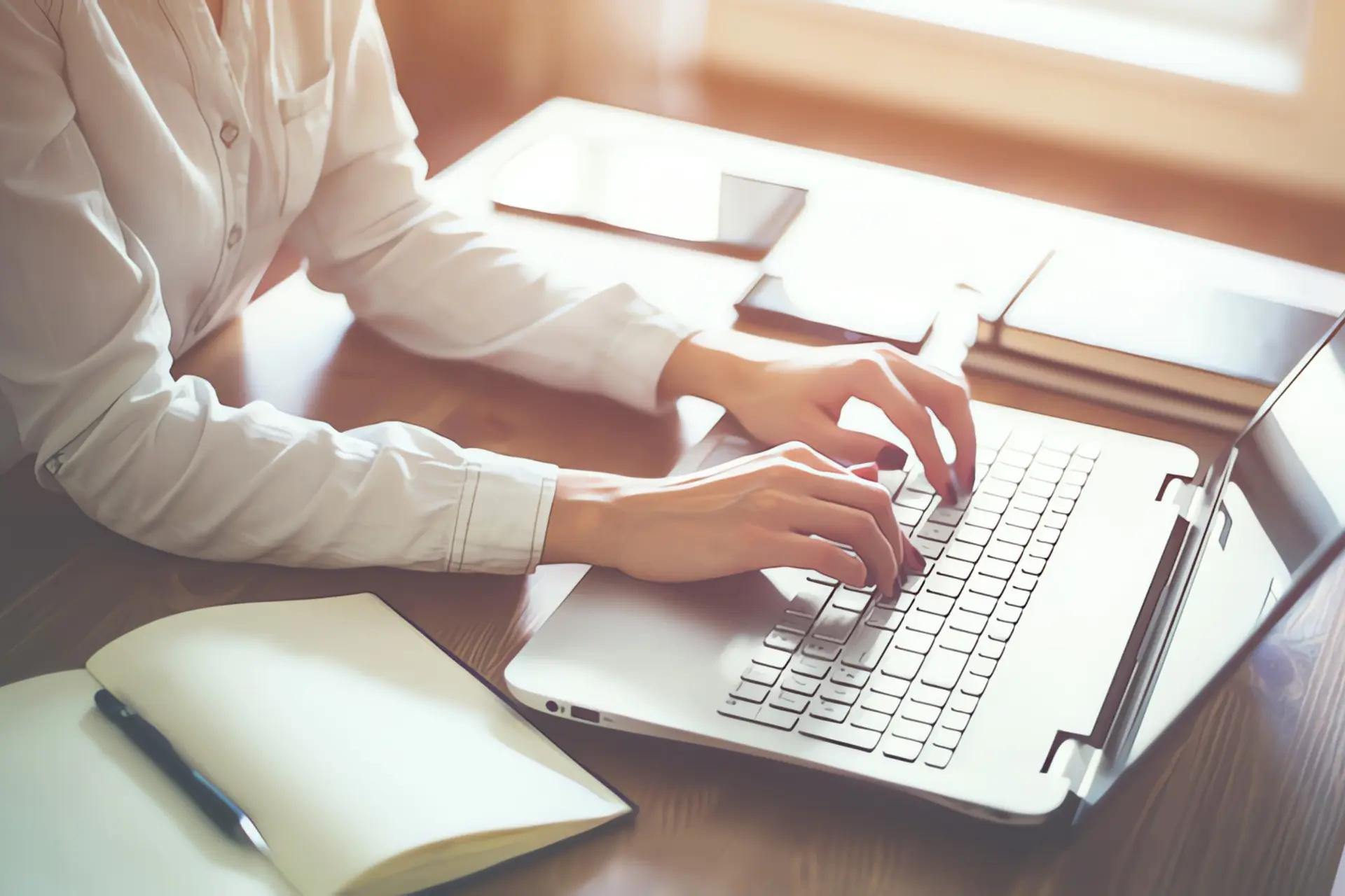Online-Tool Fördermittelauskunft: Frau tippt auf Laptop an Schreibtisch
