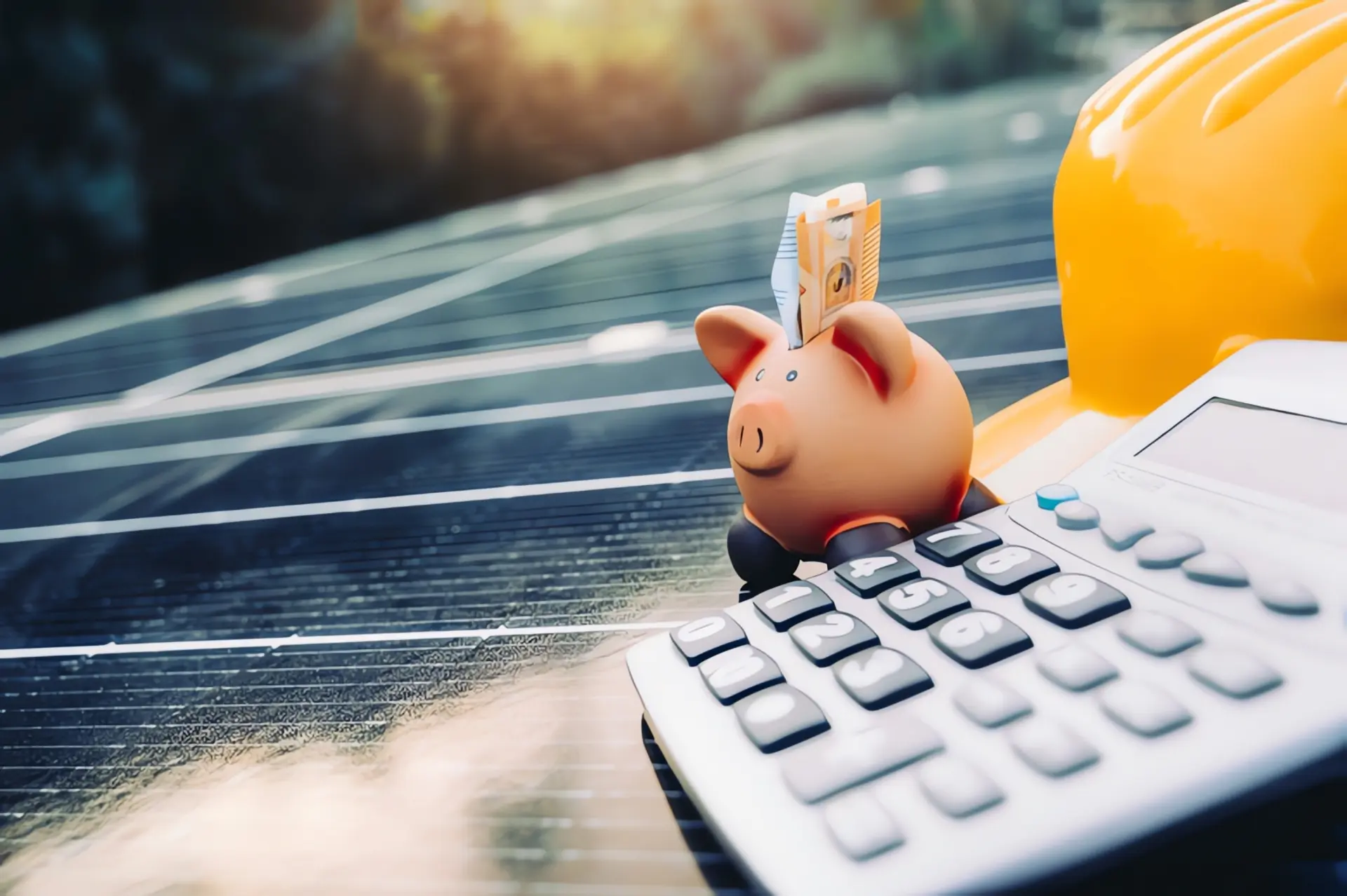 Foerderung Photovoltaik: Ein Sparschwein, ein Taschenrechner und ein Bauhelm stehen auf einer Photovoltaik Panel.