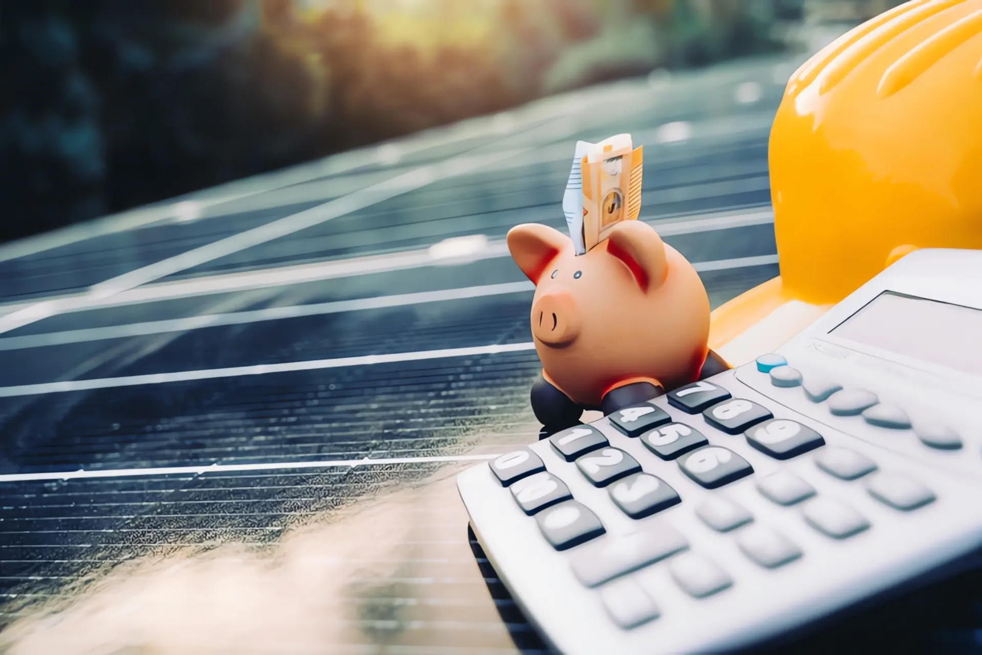 Foerderung Photovoltaik: Ein Sparschwein, ein Taschenrechner und ein Bauhelm stehen auf einer Photovoltaik Panel.