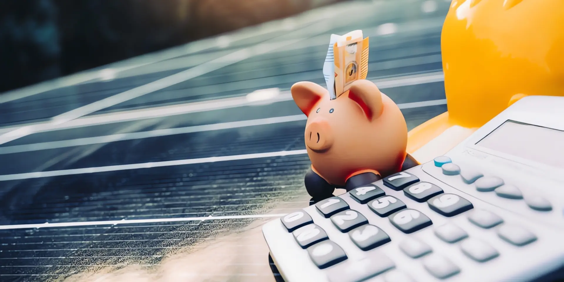 Foerderung Photovoltaik: Ein Sparschwein, ein Taschenrechner und ein Bauhelm stehen auf einer Photovoltaik Panel.