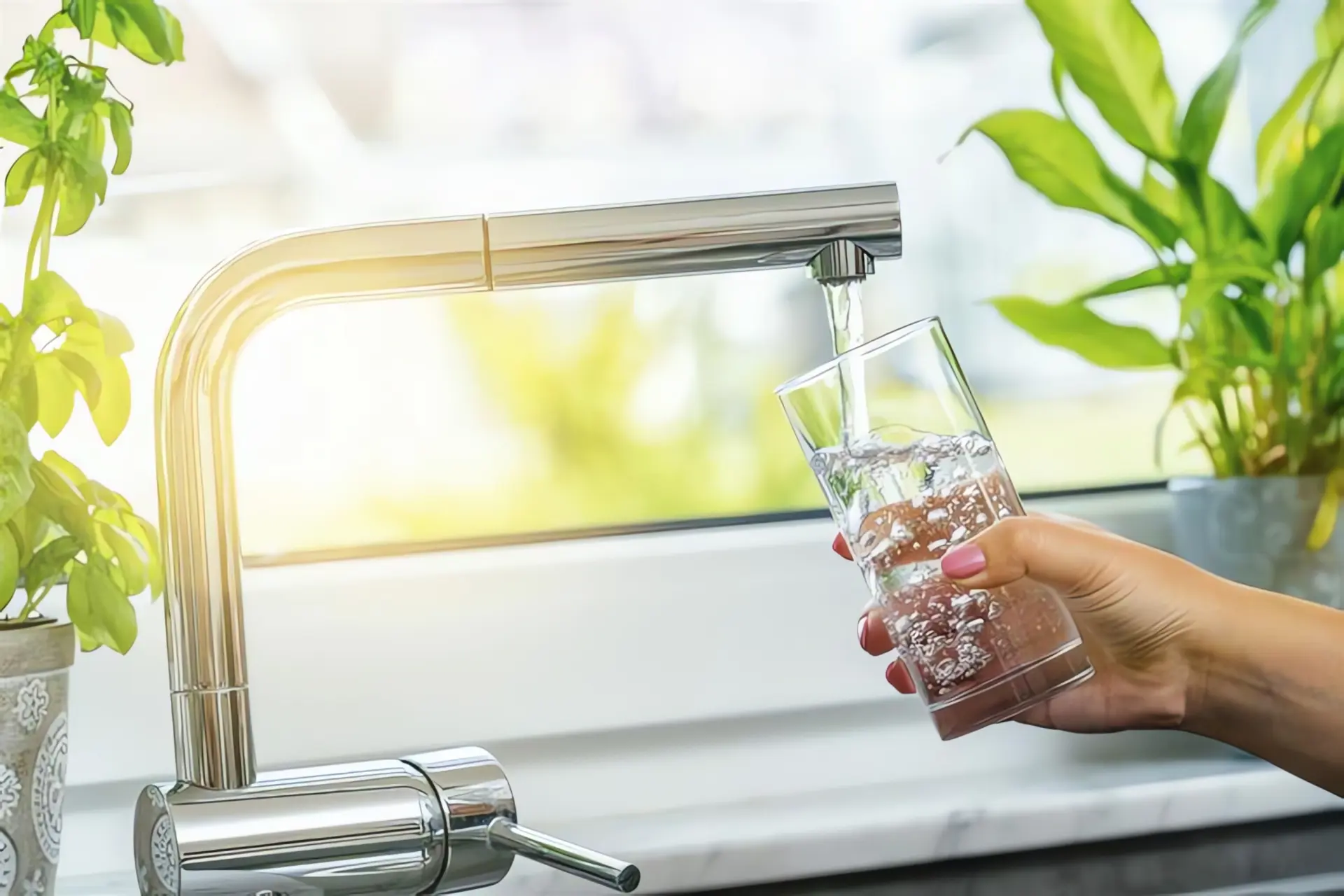 Frischwasserstation: Trinkwasser wird in Glas gefüllt