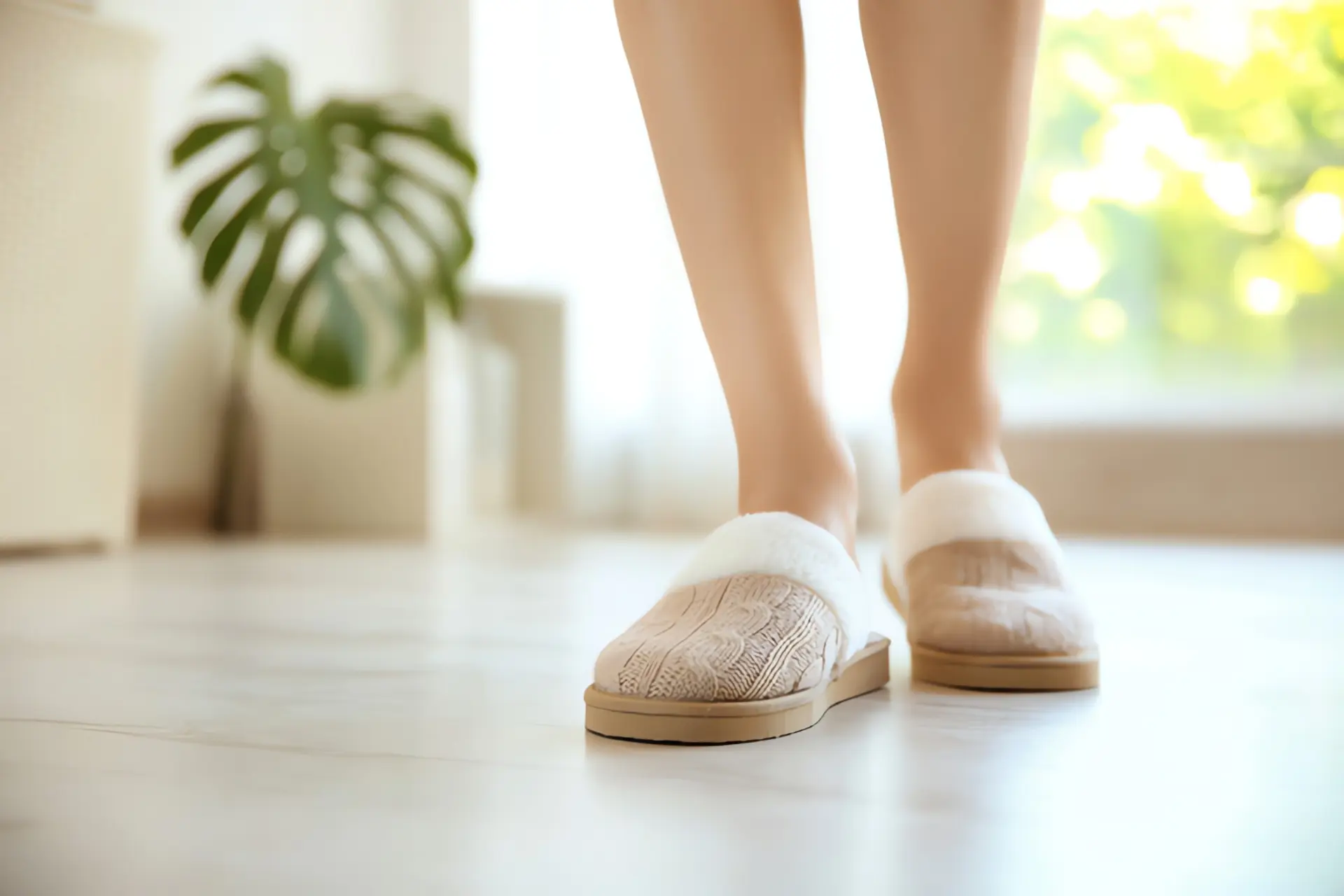Fußbodenheizung wird nicht warm: Frauenfüße mit warmen Pantoffeln auf Parkettfußboden