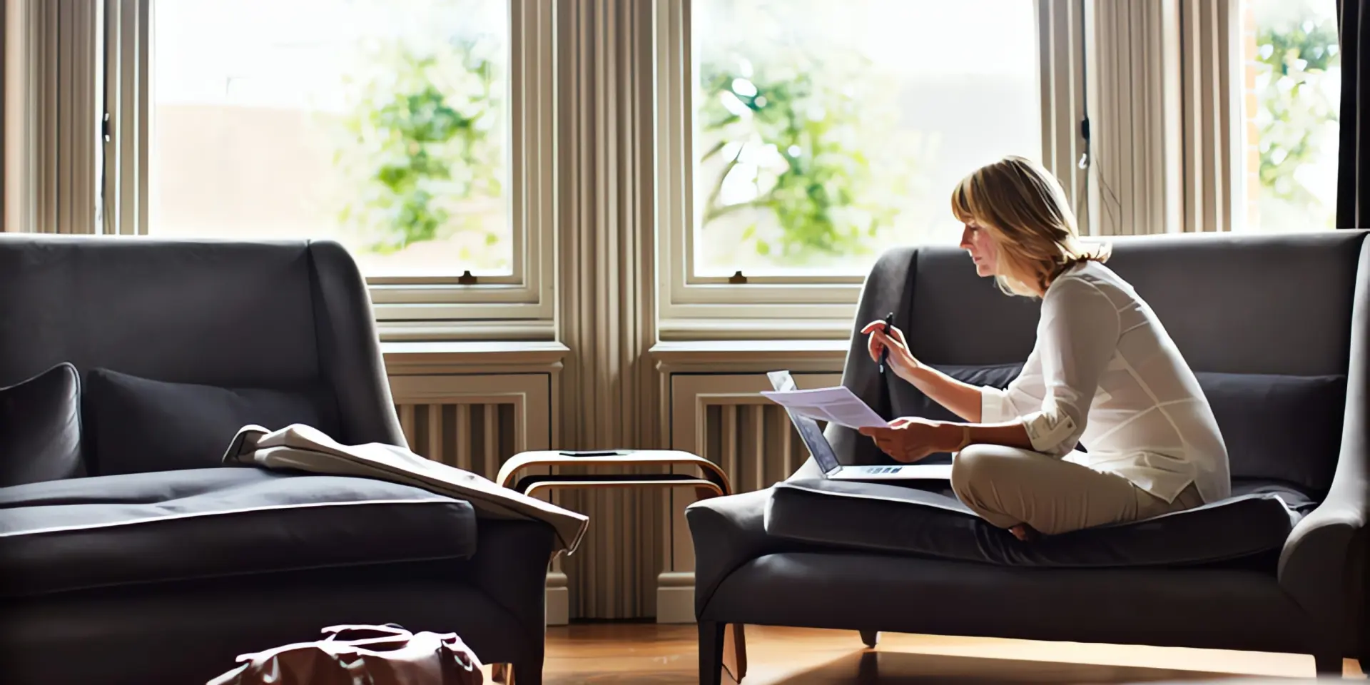 Gastherme mit Warmwasserspeicher: Frau sitzt vor einem Fenster im Wohnzimmer auf einer Couch und studiert Unterlagen.