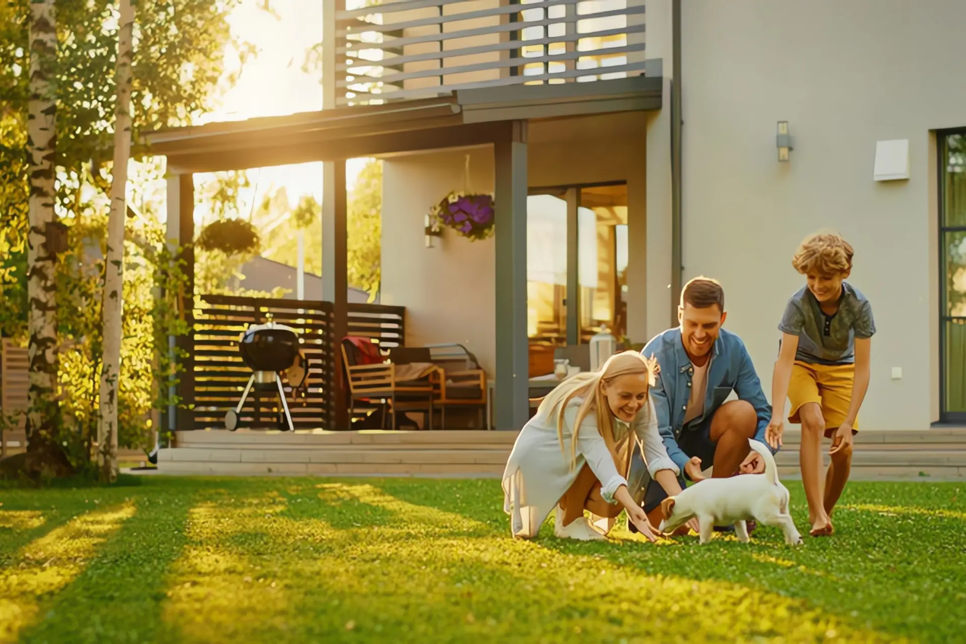 Heizen mit Erdwärme: Familie mit Hund spielt im Garten