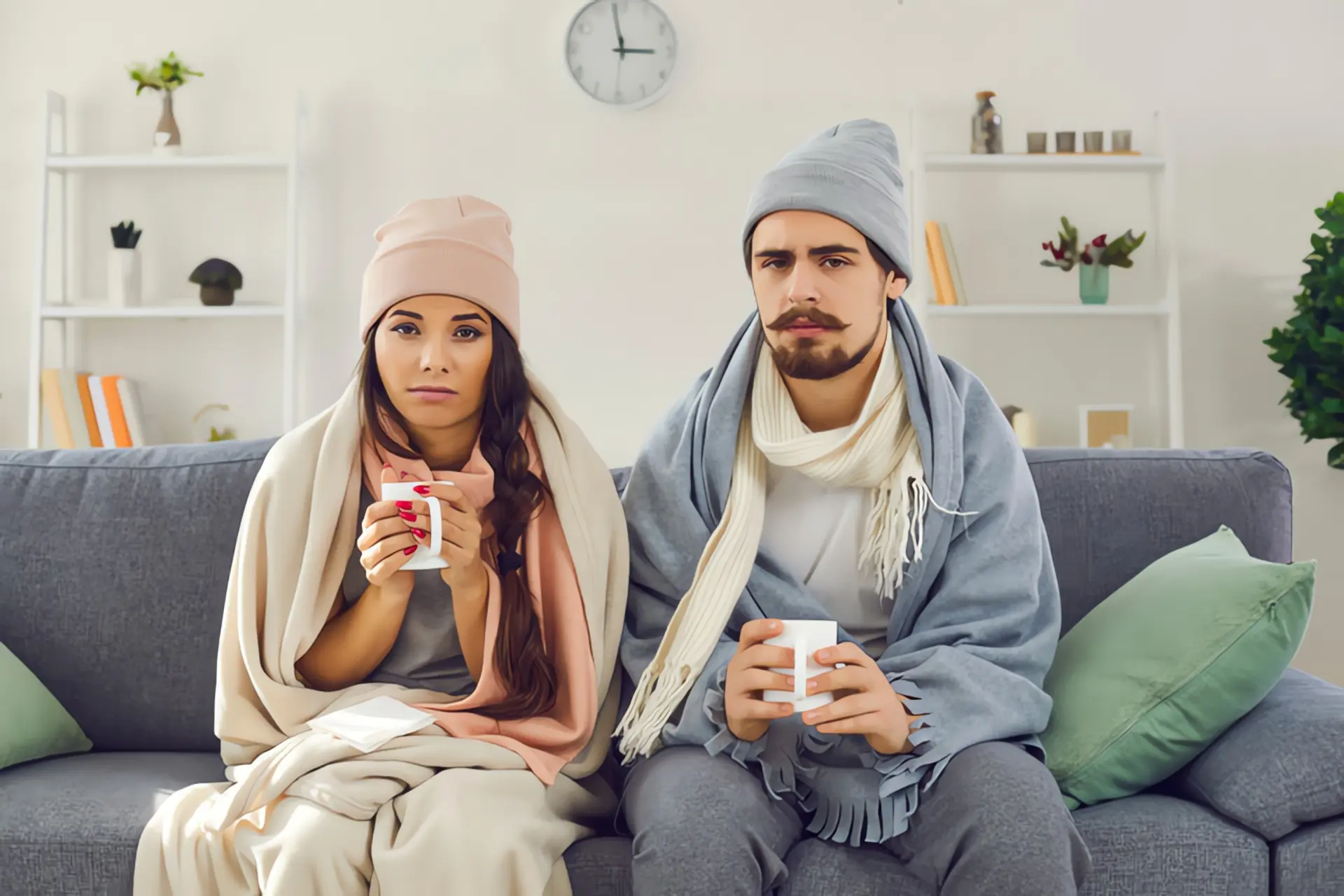 Heizung geht nicht: Junges Paar sitzt frieren mit Tassen, Mützen und Decken auf einer Couch im Wohnzimmer. 
