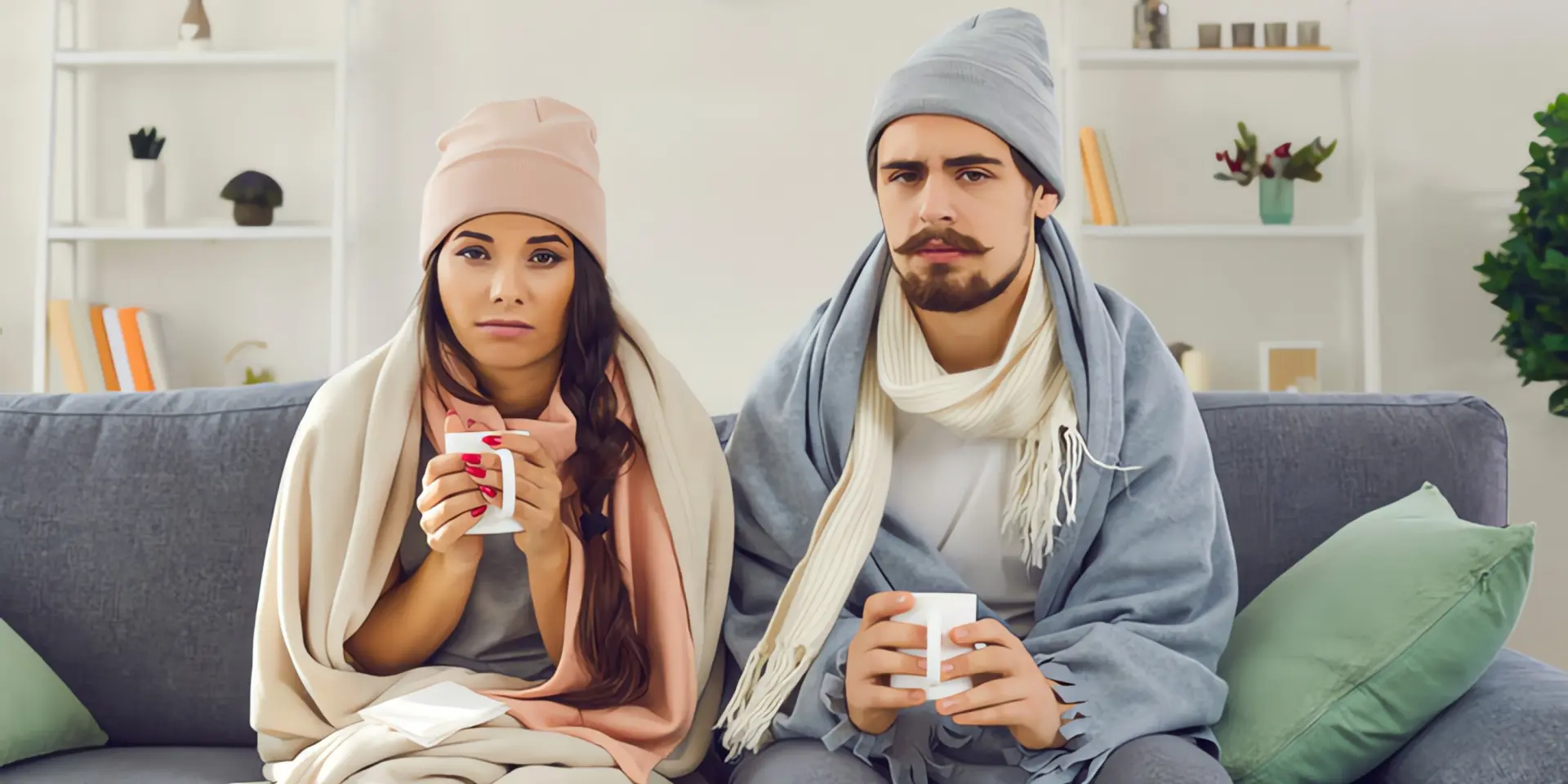 Heizung geht nicht: Junges Paar sitzt frieren mit Tassen, Mützen und Decken auf einer Couch im Wohnzimmer. 