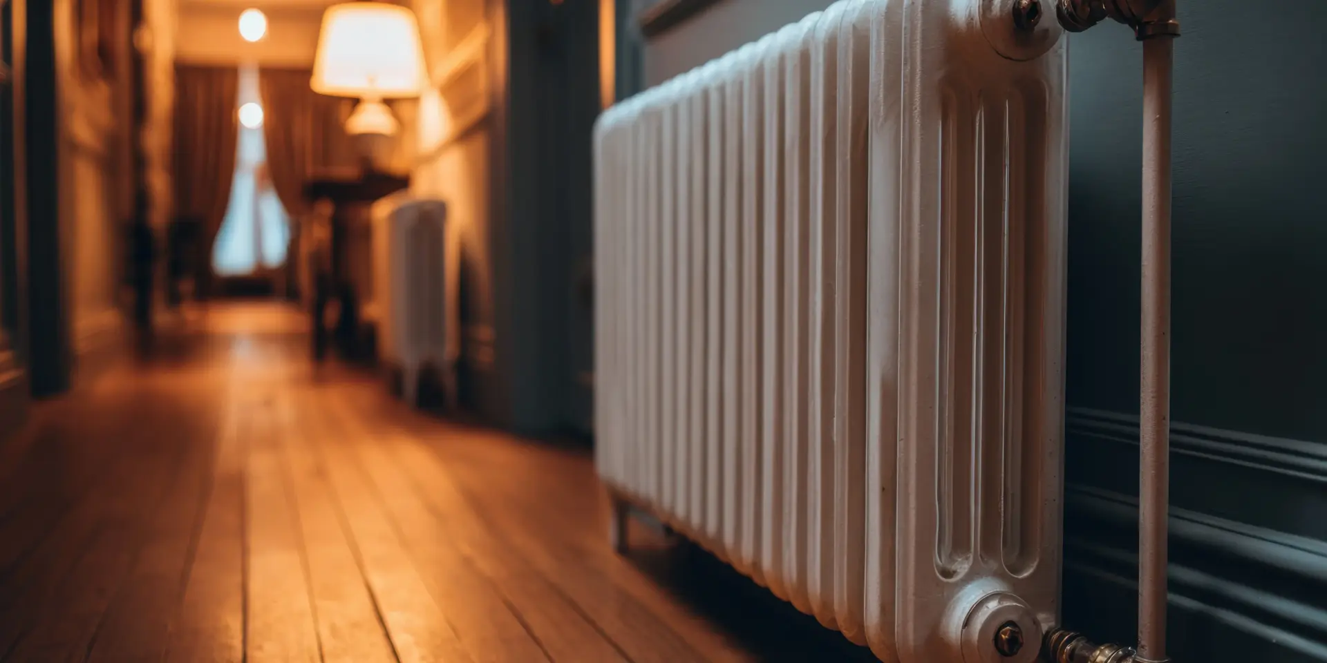 Heizungsrohre verkleiden: Heizkörper mit Heizungsrohr in einem beleuchteten Flur