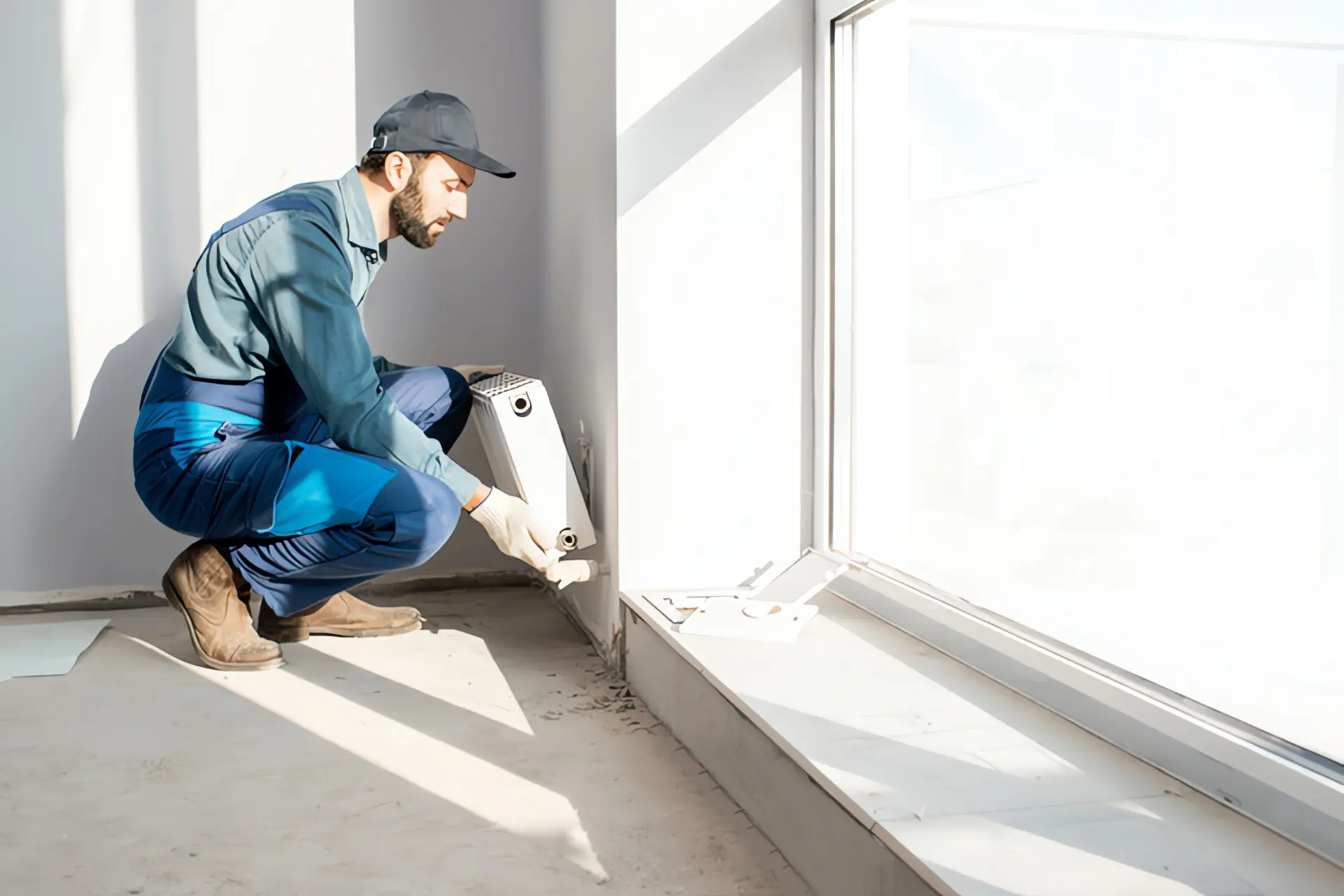 Heizungssanierung: Heizungsbauer saniert Heizung neben Fenster