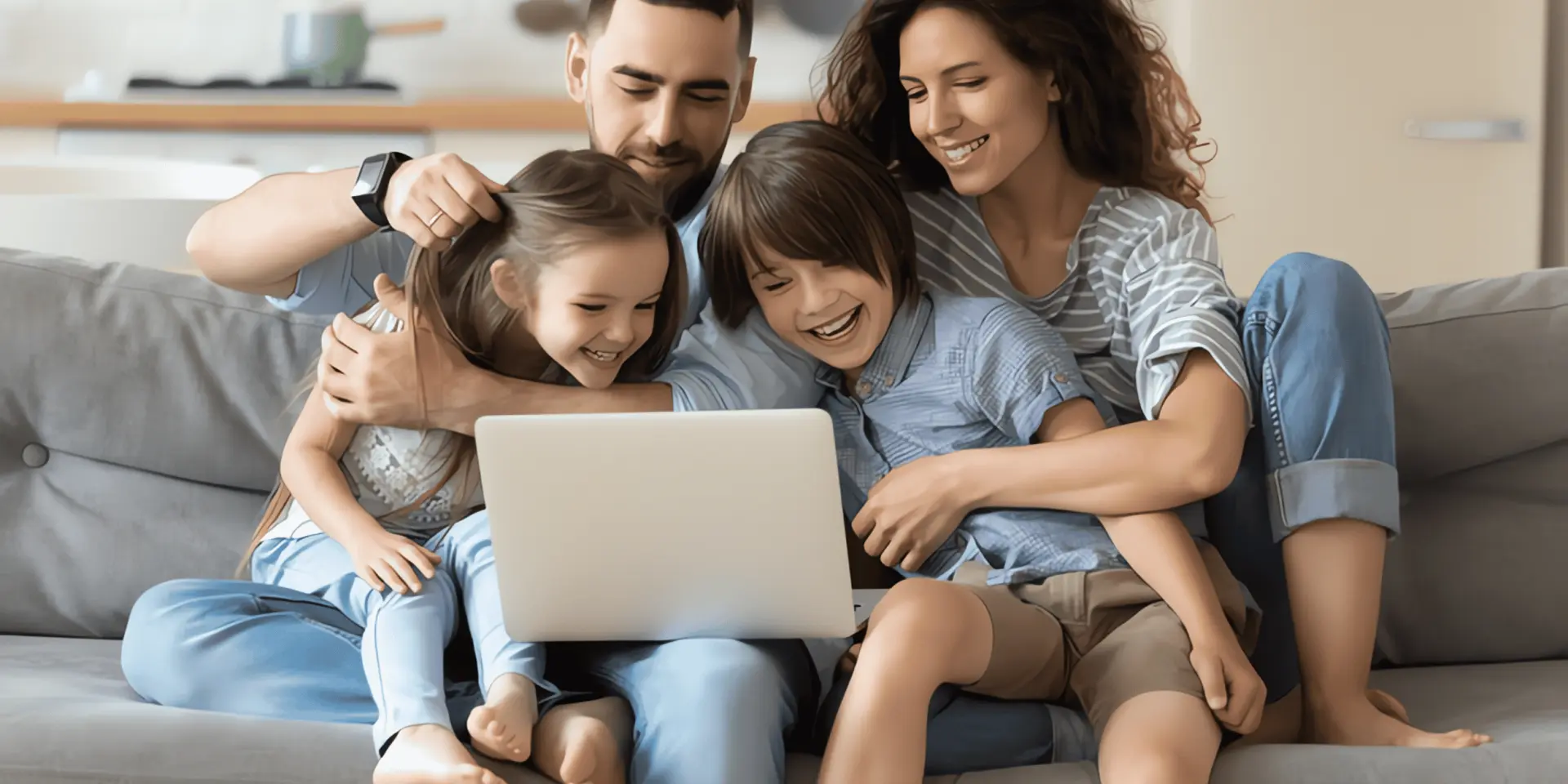 Familie auf der Couch lacht und sitzt am Laptop