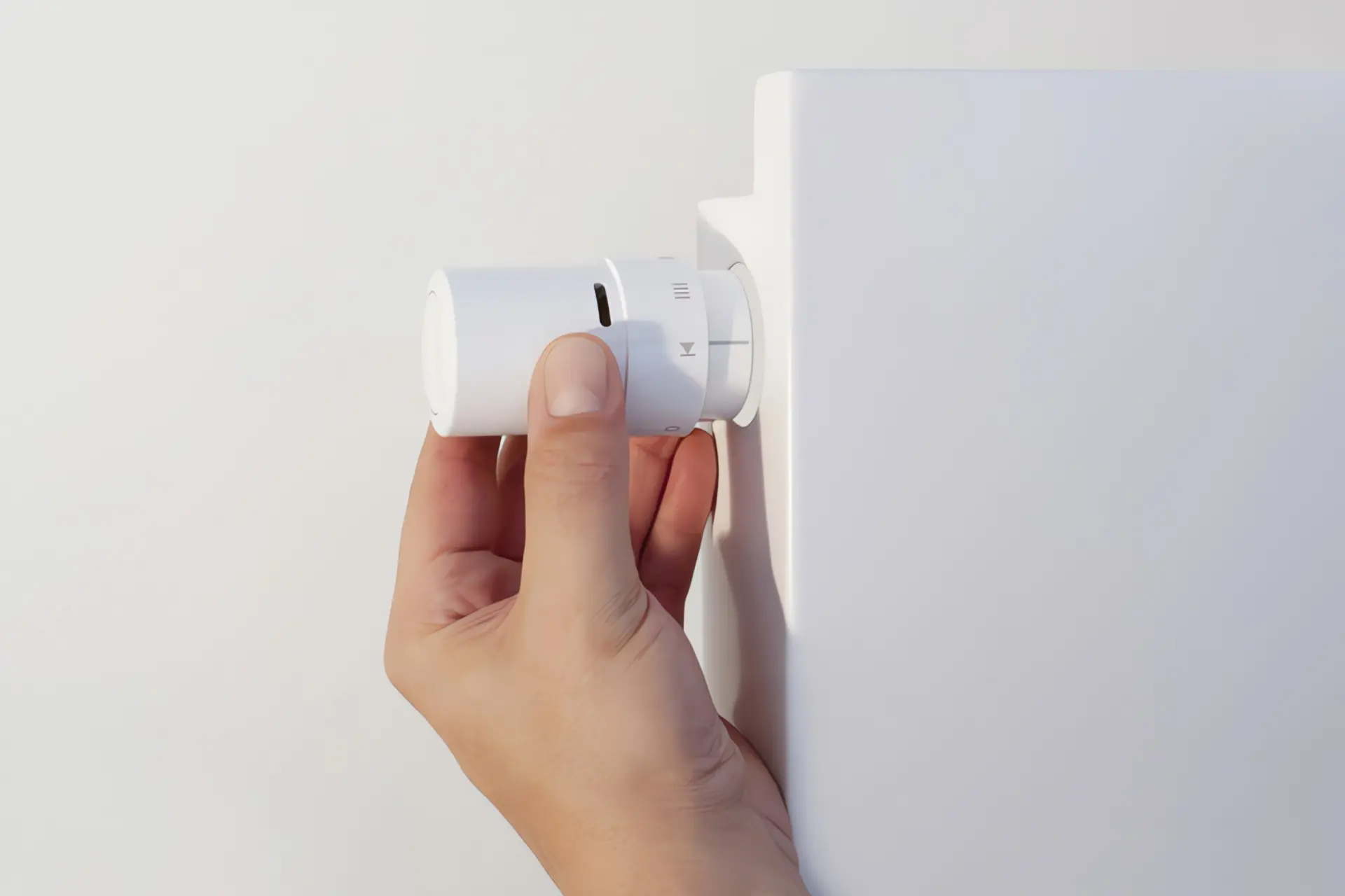 Hochtemperatur Wärmepumpe: Hand dreht Thermostat an einem Heizkörper höher. 