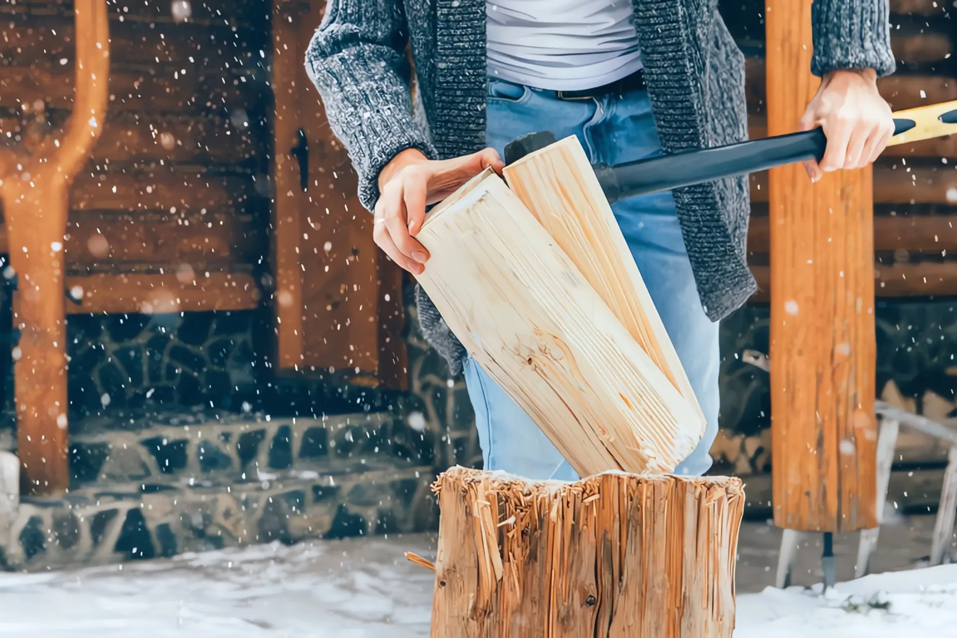 Holzvergaserheizung: Mann spaltet Holzscheit mit Axt