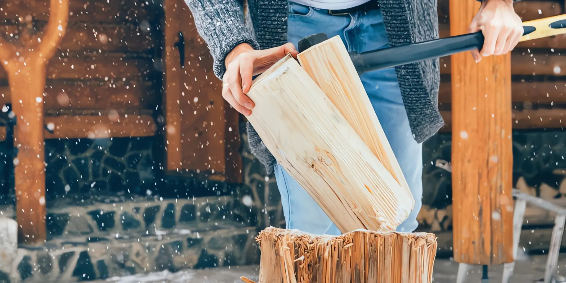 Holzvergaserheizung: Mann spaltet Holzscheit mit Axt