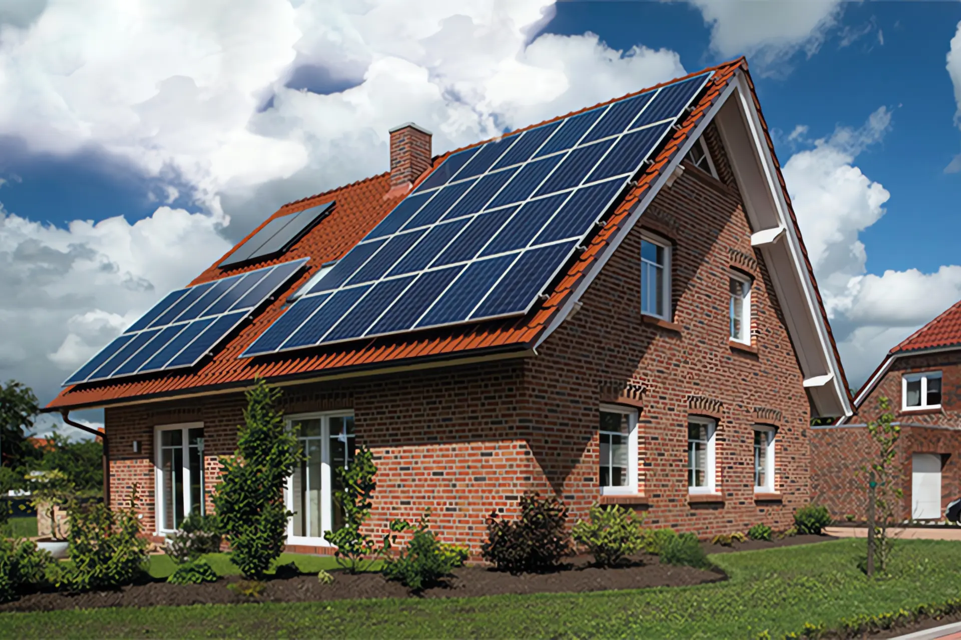 Hybridheizung: Backsteinhaus mit Solarpanelen auf dem Dach