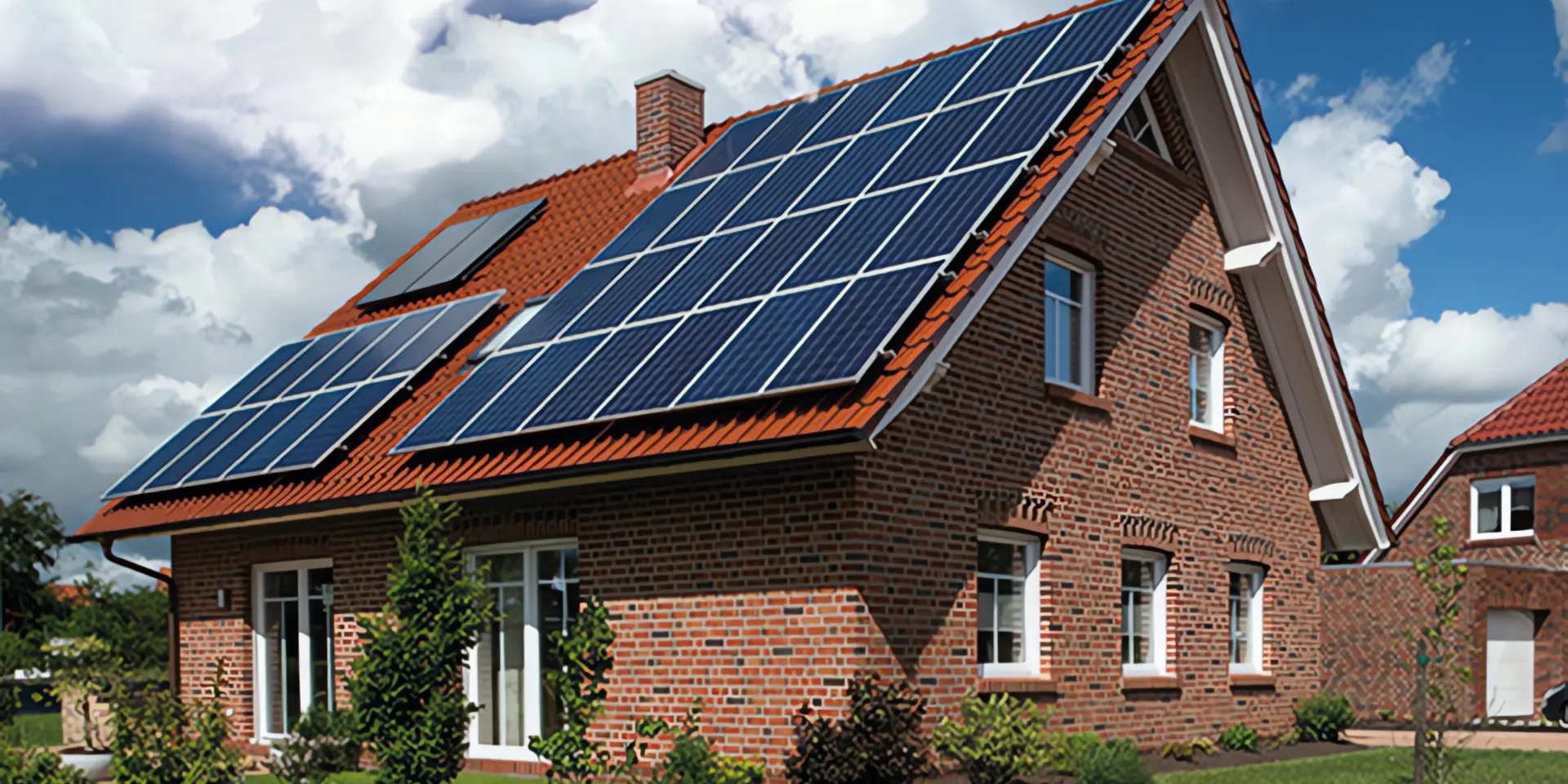 Hybridheizung: Backsteinhaus mit Solarpanelen auf dem Dach