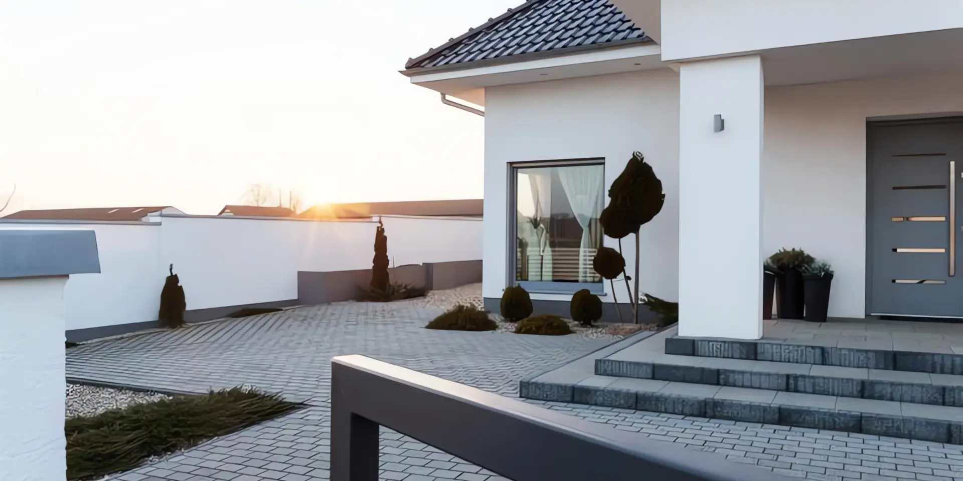 Jahreszeitbedingte Raumheizungseffizienz: Haus und Grundstück mit Abendsonne