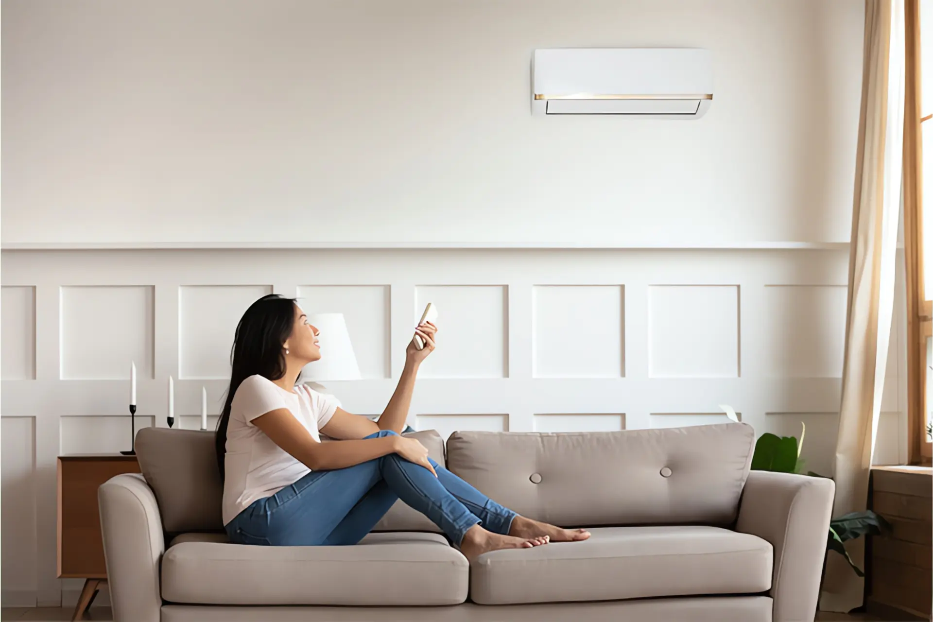 Klimaanlage; Frau sitzt auf Sofa und bedient Klimaanlage