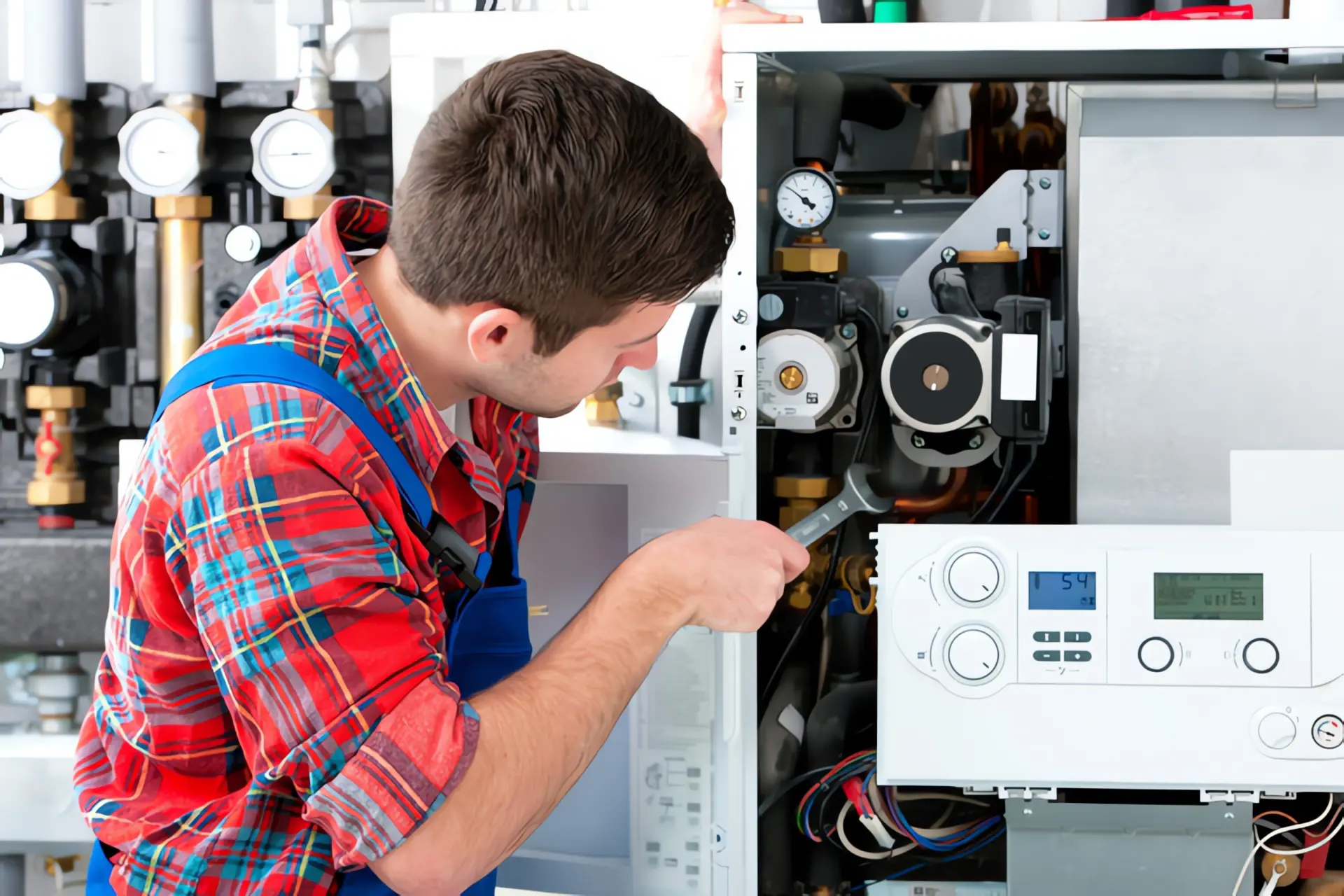 Lohnt sich eine Gas ´-Hybridheizung: Handwerker schraubt an offenem Gasgerät.