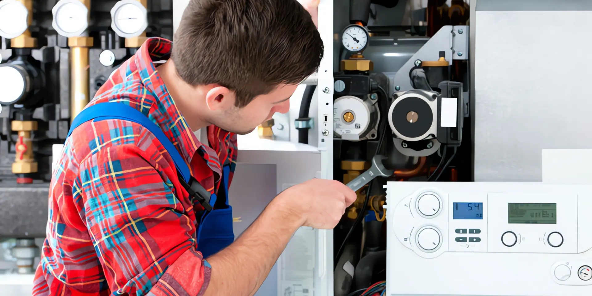 Lohnt sich eine Gas ´-Hybridheizung: Handwerker schraubt an offenem Gasgerät.