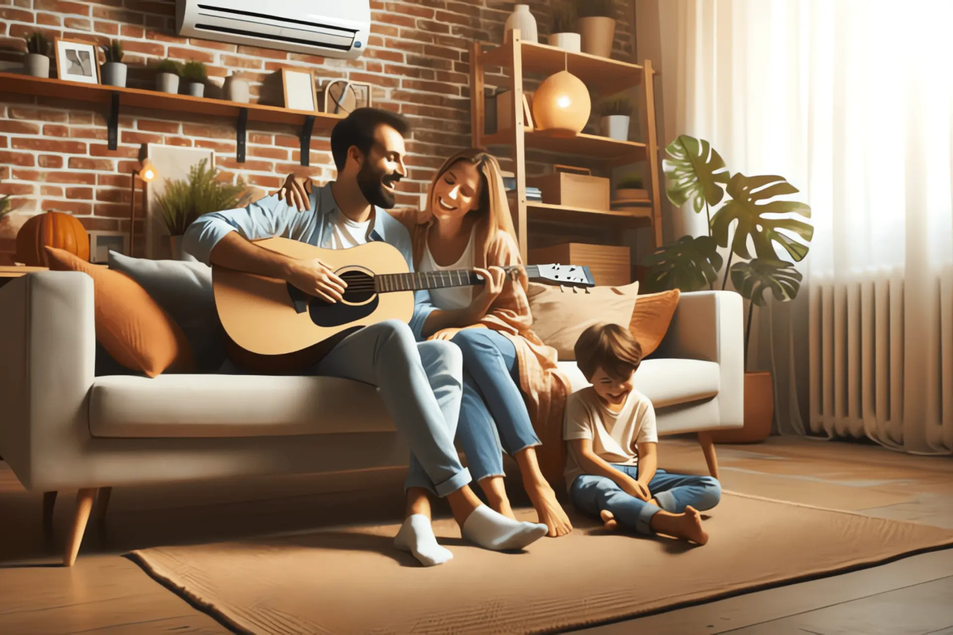Lueftungsanlage Wohnung: Junge Familie sitzt glücklich in einem warmen Raum, im Hintergrund läuft eine Lüftungsanlage.