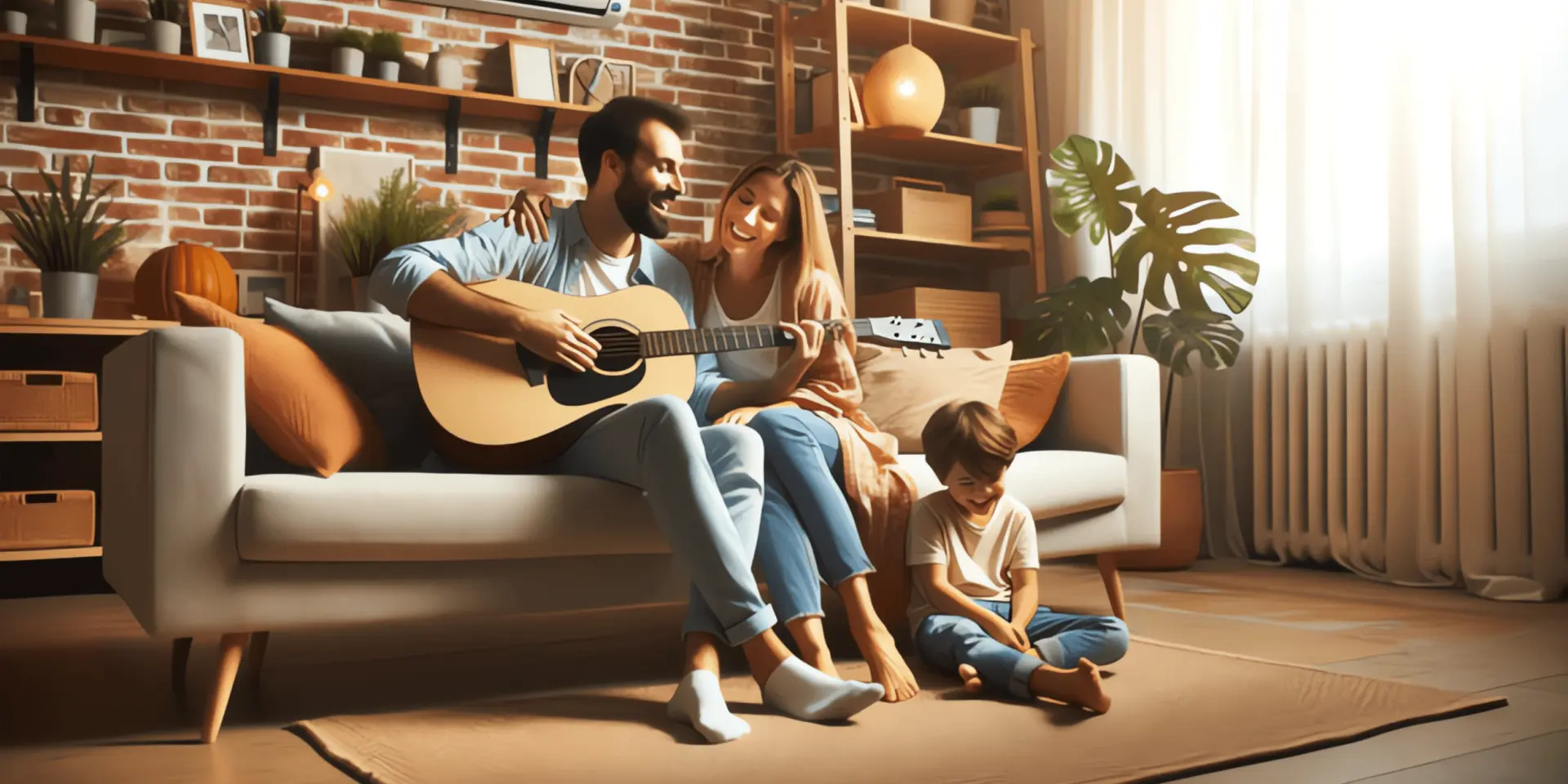 Lueftungsanlage Wohnung: Junge Familie sitzt glücklich in einem warmen Raum, im Hintergrund läuft eine Lüftungsanlage.