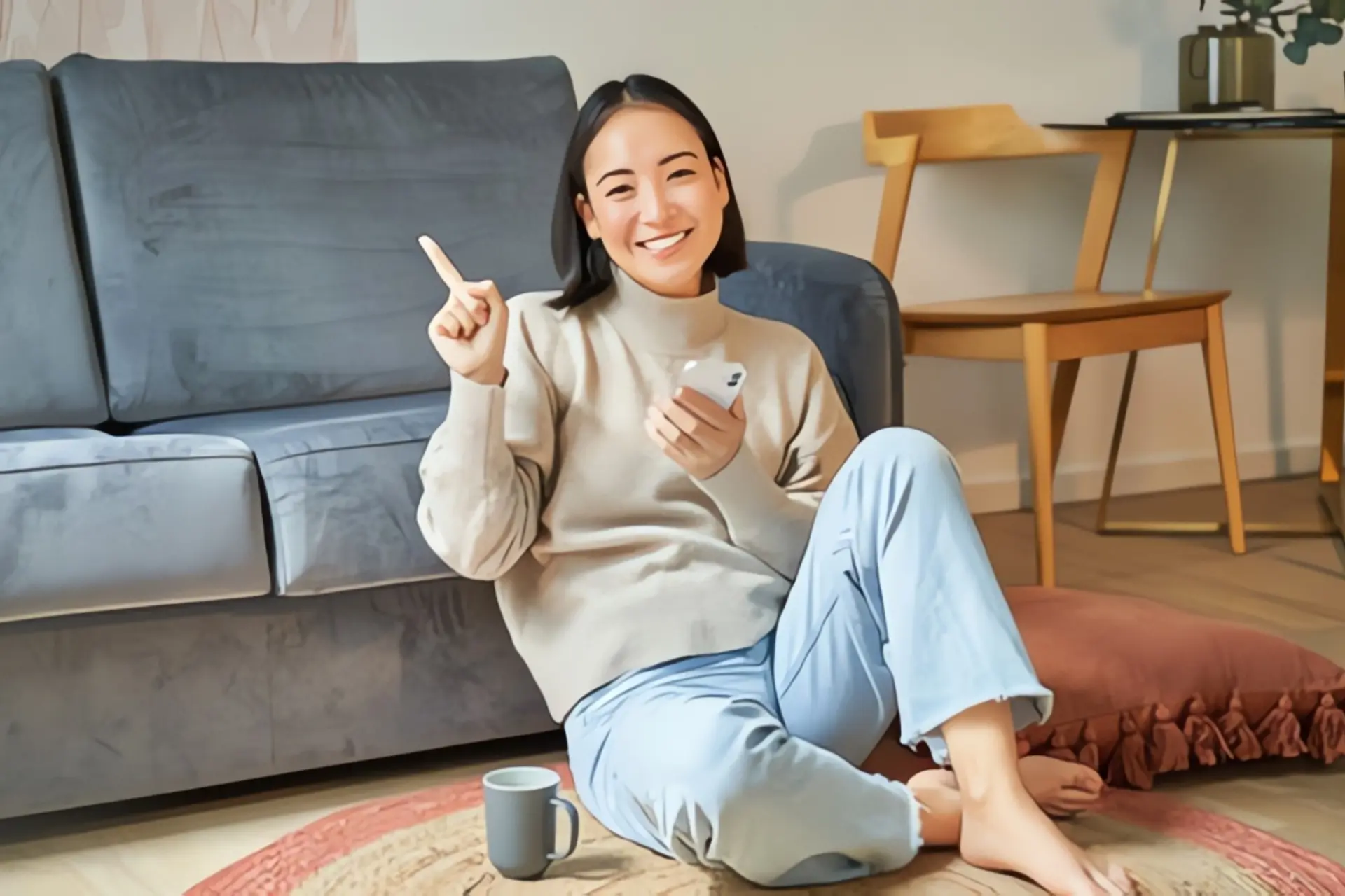 Nahwärme: Zufriedene und junge asiatische Frau sitz auf dem Boden im Wohnzimmer mit Handy in der Hand und einer Tasse neben sich.